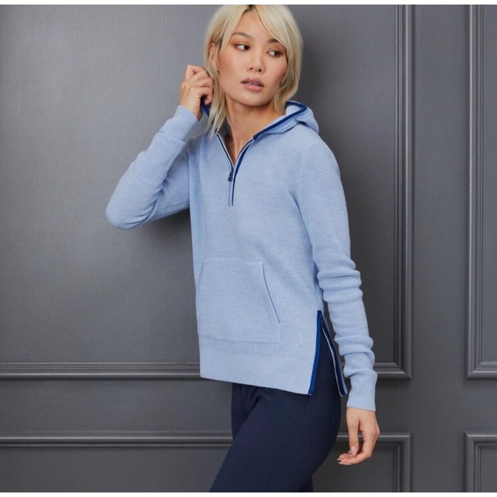 NWT! G/FORE L Golfcore Waffle Stitch Merino Wool Quarter-Zip Hoodie Blue, Preppy